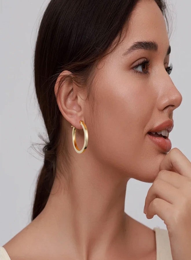 Gacimy Hoop Earrings for Women, 14K Gold Plated Flatted Hoops with 925 Sterling Silver Post, 20mm Medium Earrings for Women - Image 2